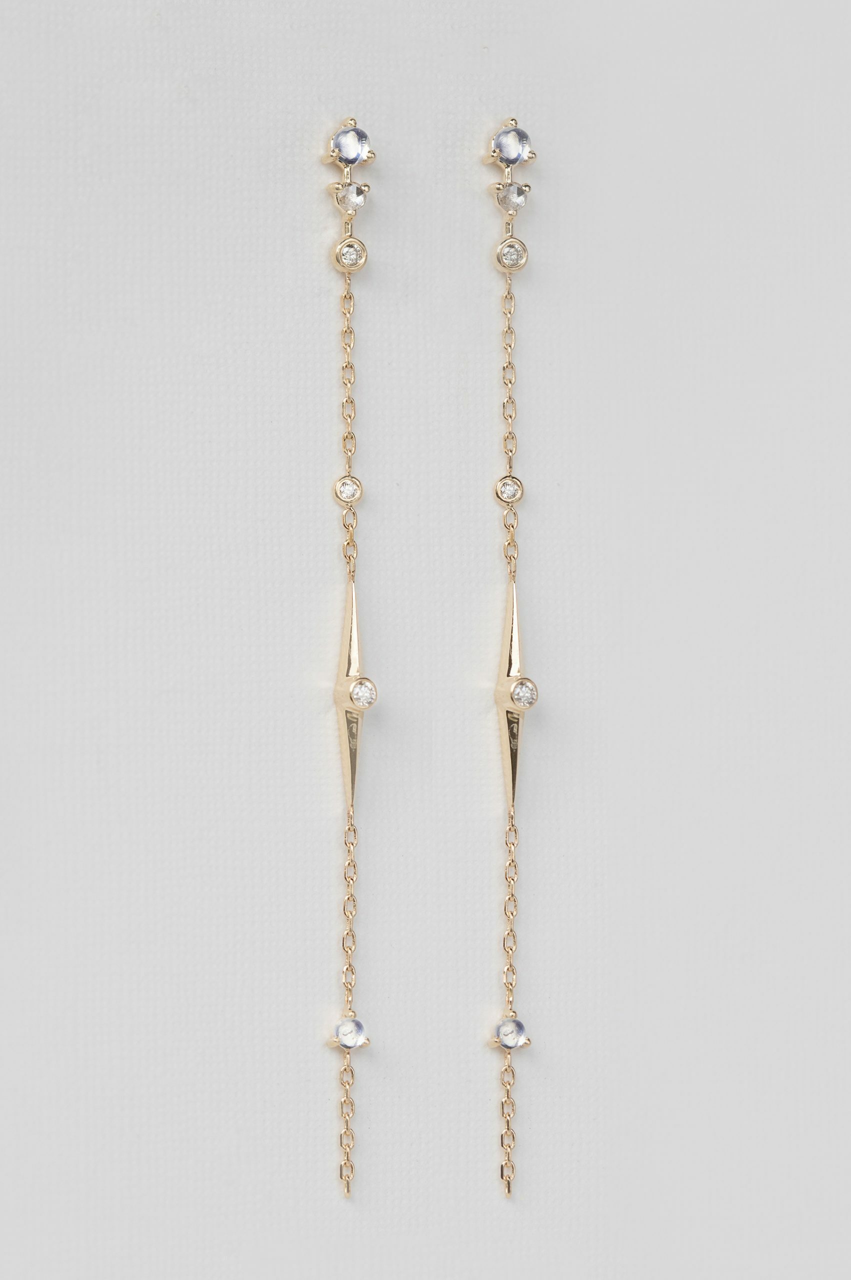 Yellow gold long chain earrings moonstone diamond bar drops pair Celine Daoust