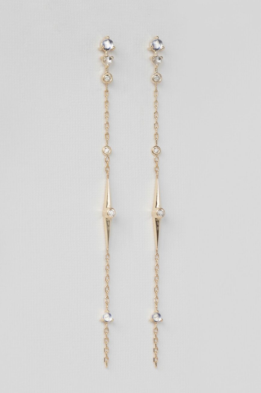 Yellow gold long chain earrings moonstone diamond bar drops pair Celine Daoust