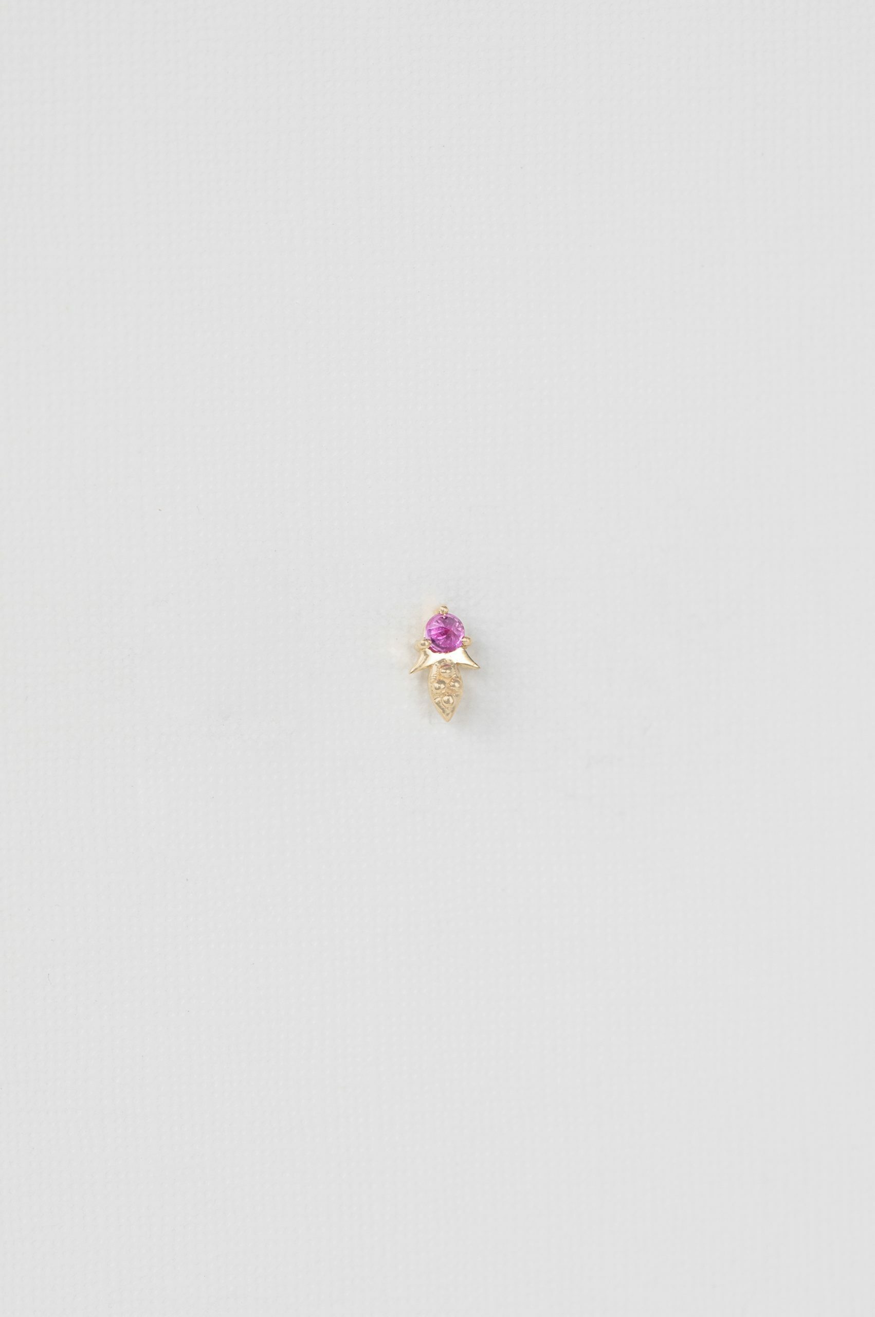 Yellow gold single stud earring small pink sapphire leaf charm drop Celine Daoust