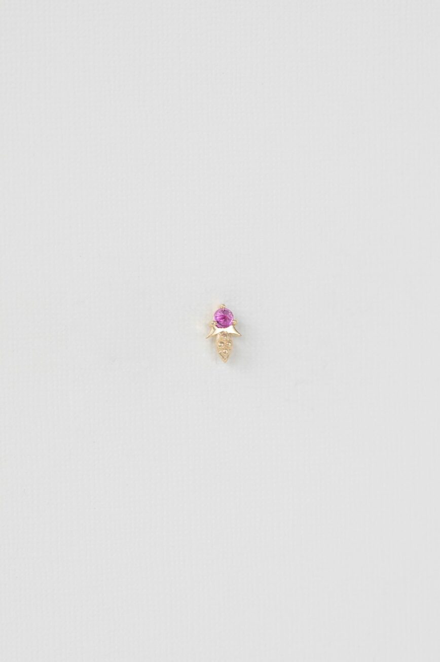 Yellow gold single stud earring small pink sapphire leaf charm drop Celine Daoust