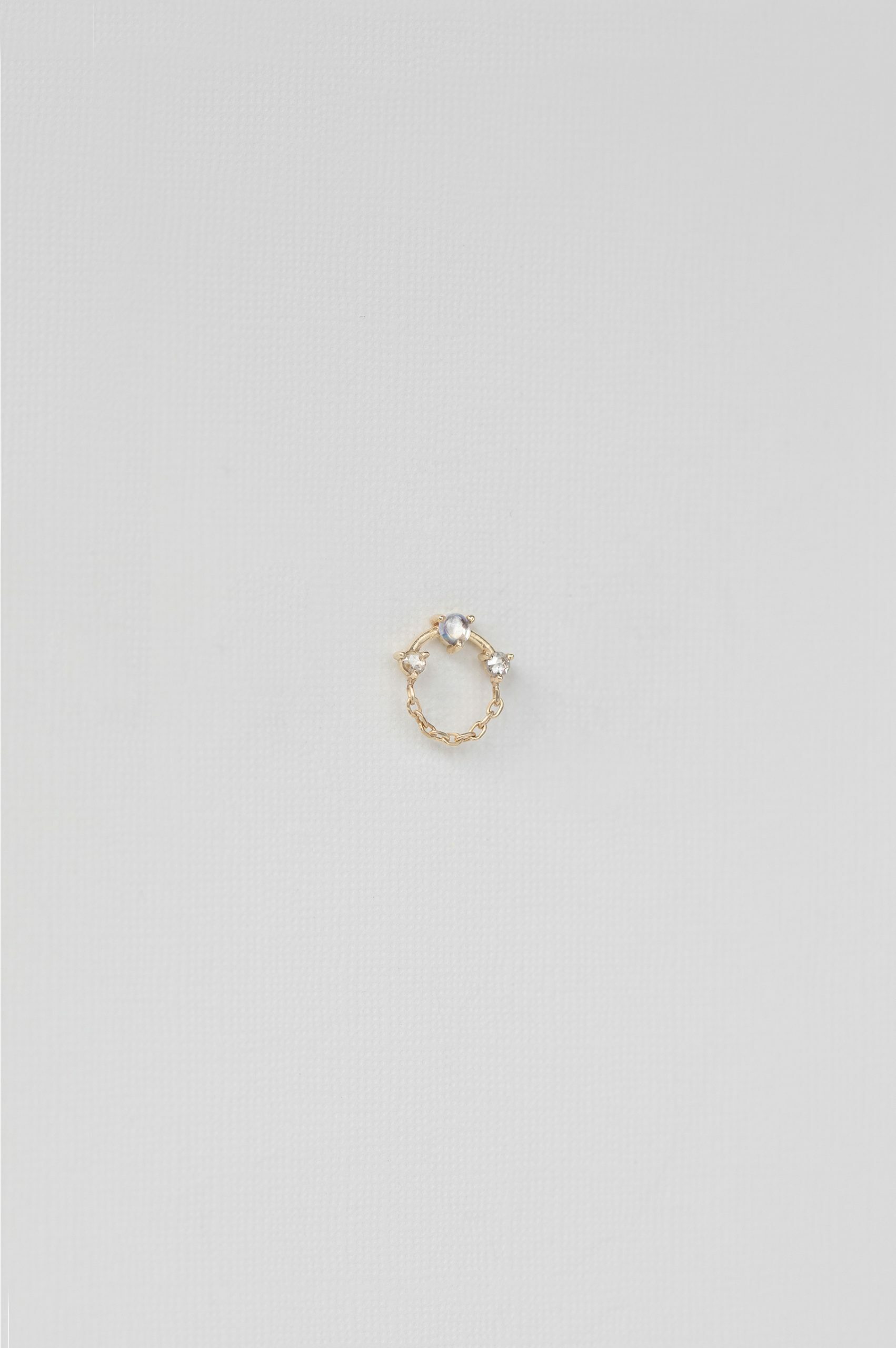 Yellow gold single stud earring round moonstone diamond open circle chain drop Celine Daoust