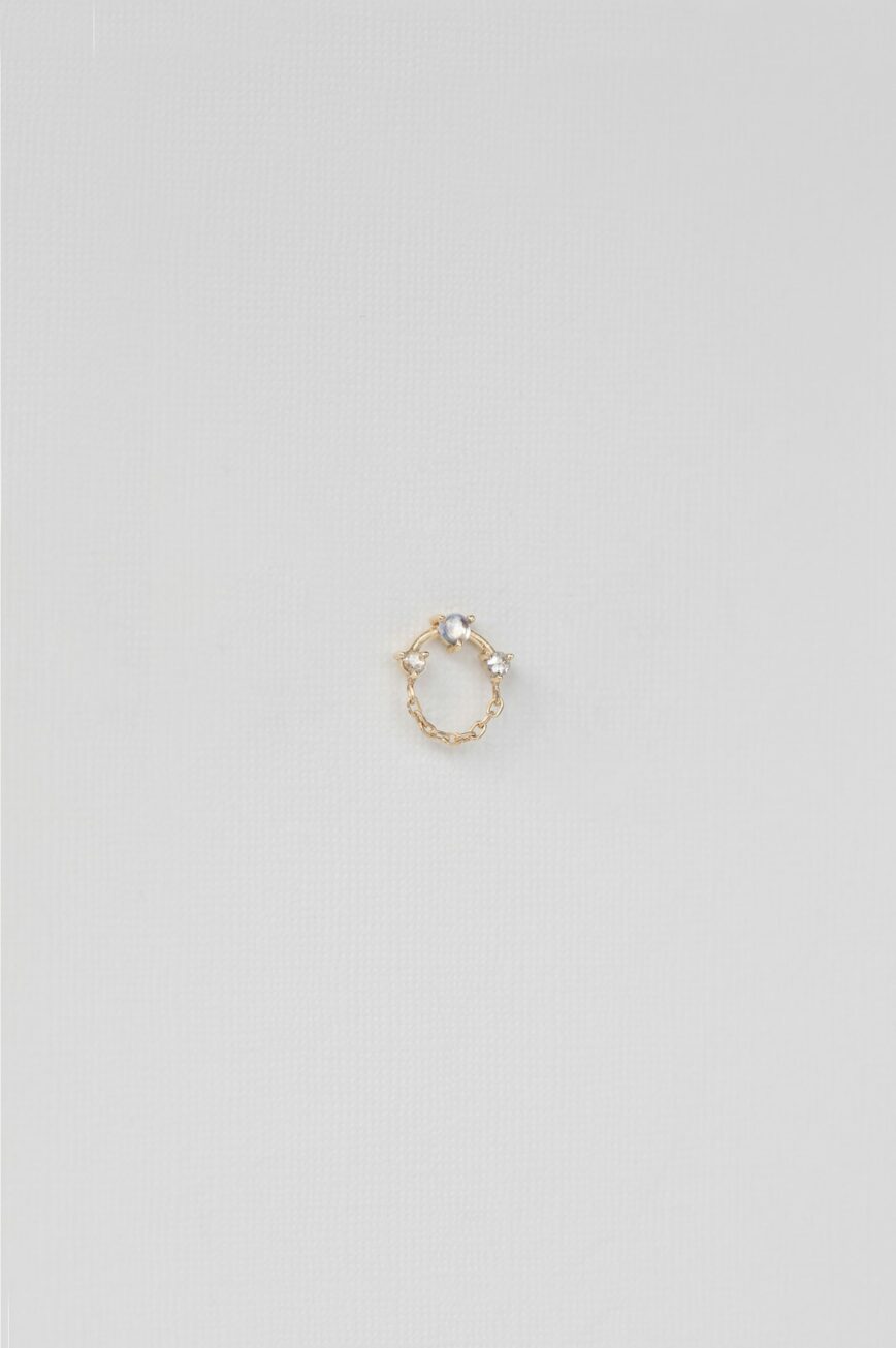 Yellow gold single stud earring round moonstone diamond open circle chain drop Celine Daoust