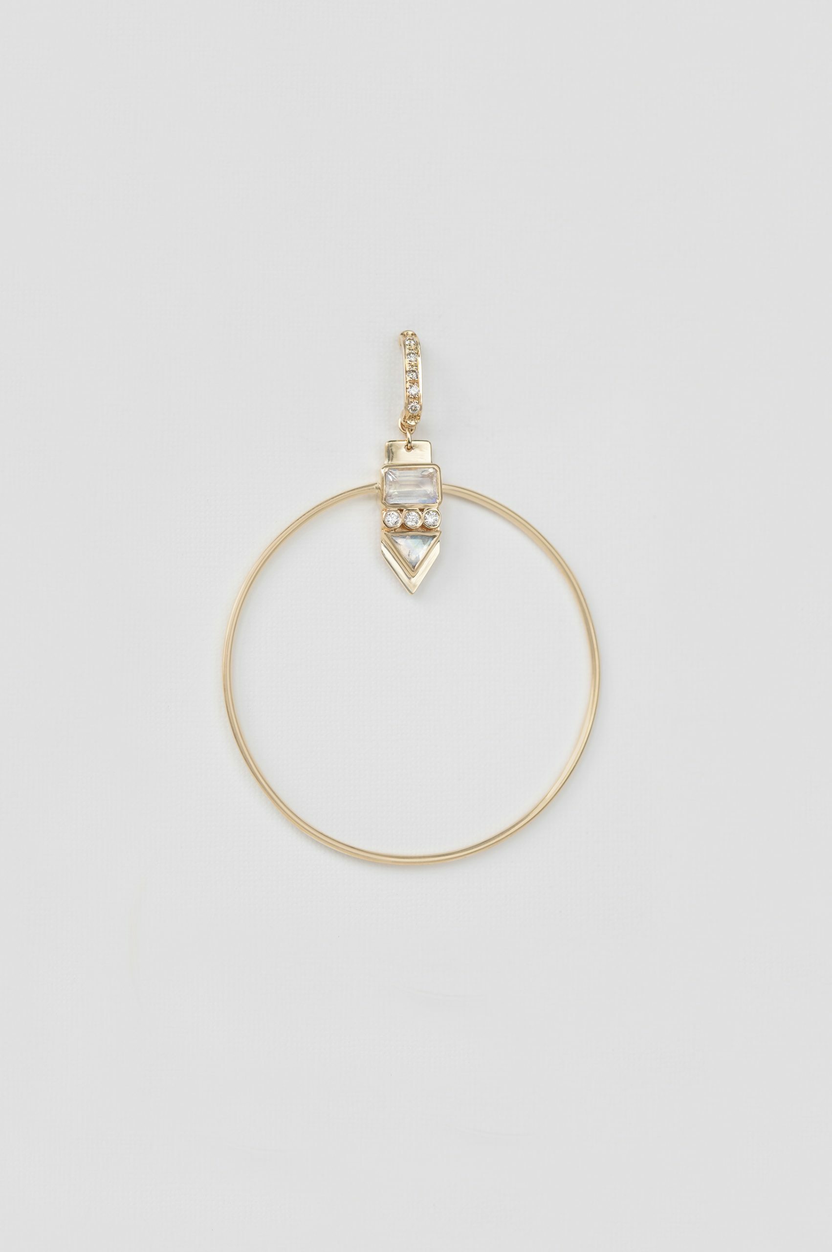 Yellow gold single large hoop earring moonstone diamond pendant ring drop Celine Daoust