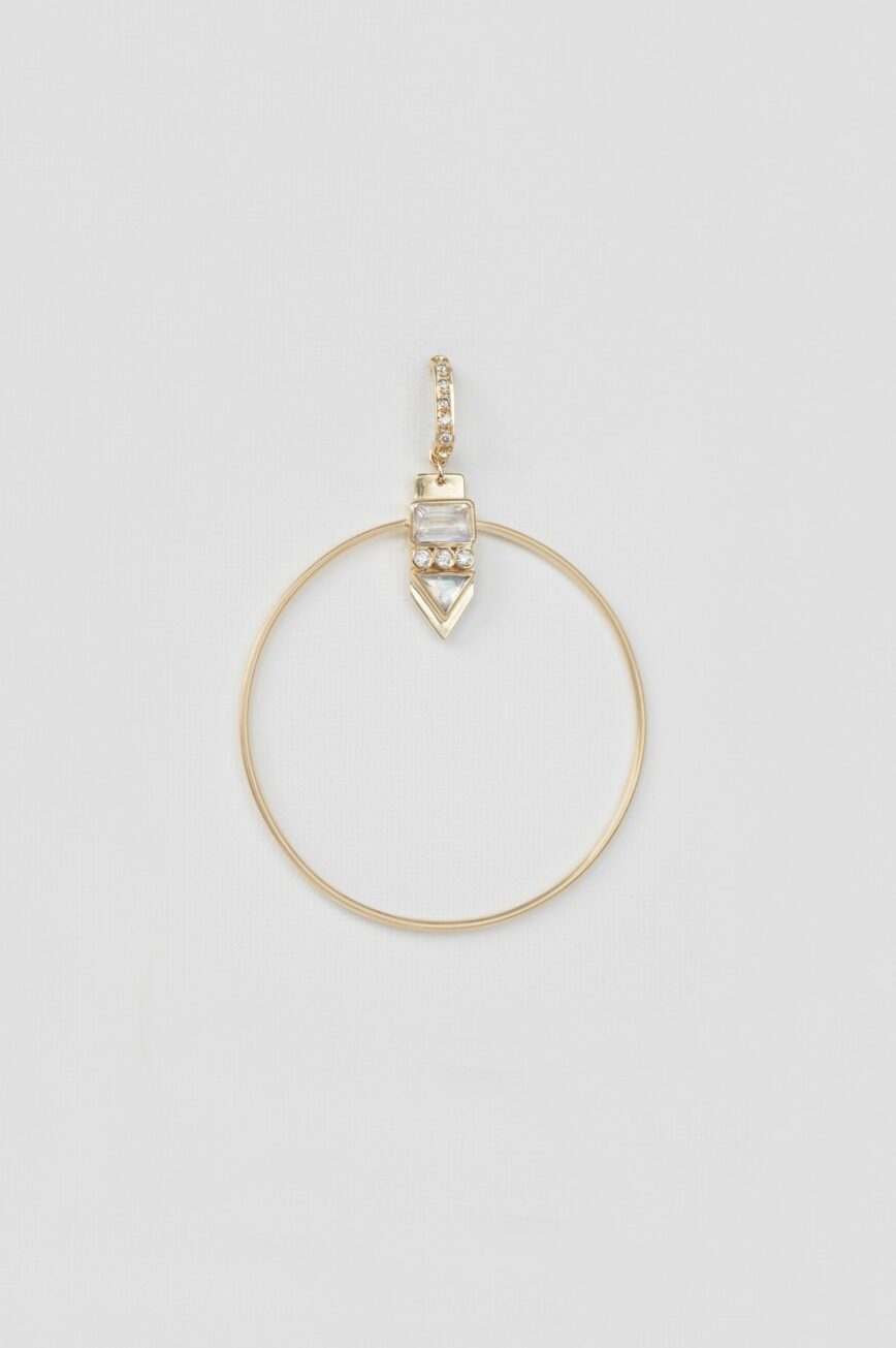 Yellow gold single large hoop earring moonstone diamond pendant ring drop Celine Daoust