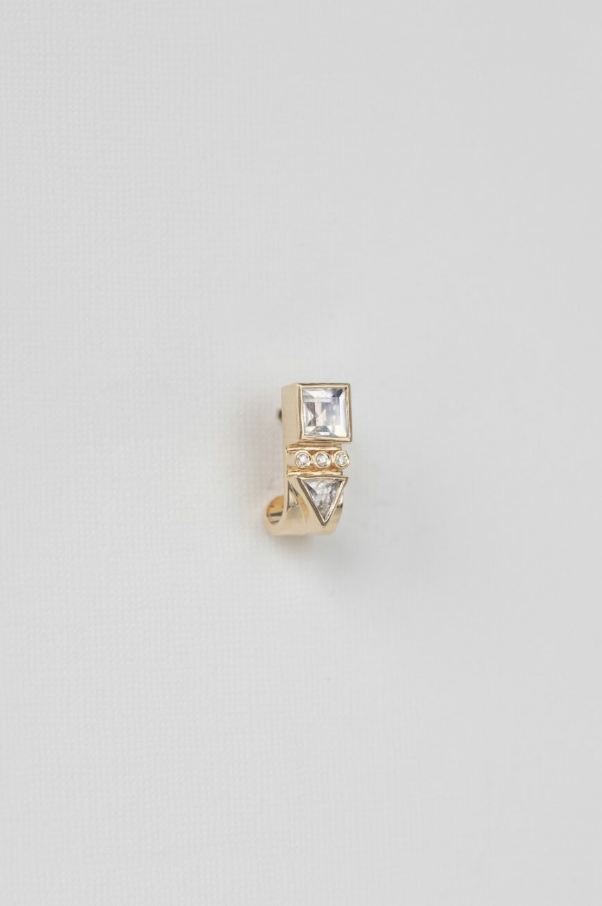 Yellow gold single hook earring pear moonstone diamond ball drop Celine Daoust