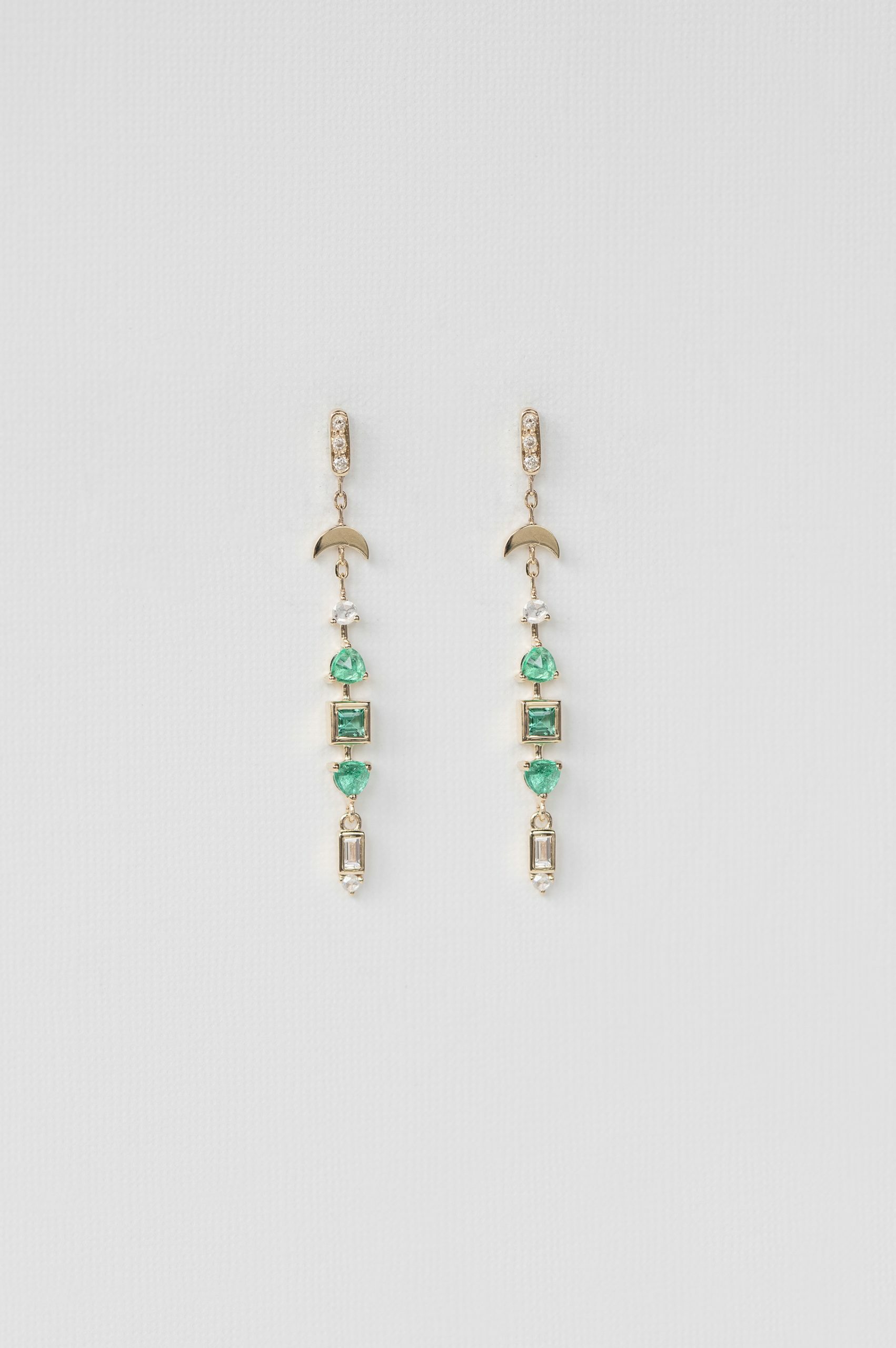 Yellow gold long drop earrings emerald diamond totem moon charm fringe pair Celine Daoust