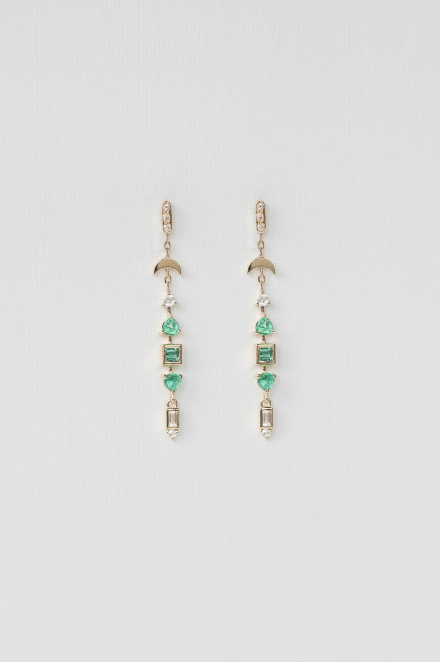Yellow gold long drop earrings emerald diamond totem moon charm fringe pair Celine Daoust