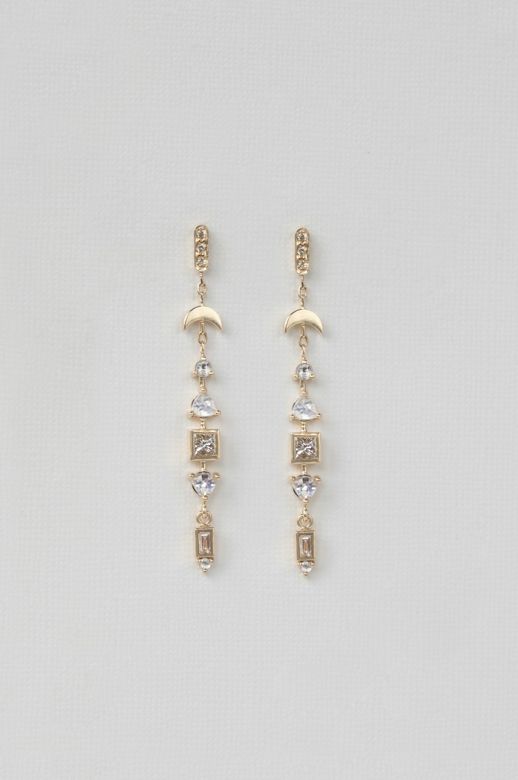 Yellow gold long drop earrings multi-shape diamond moonstone totem pair Celine Daoust