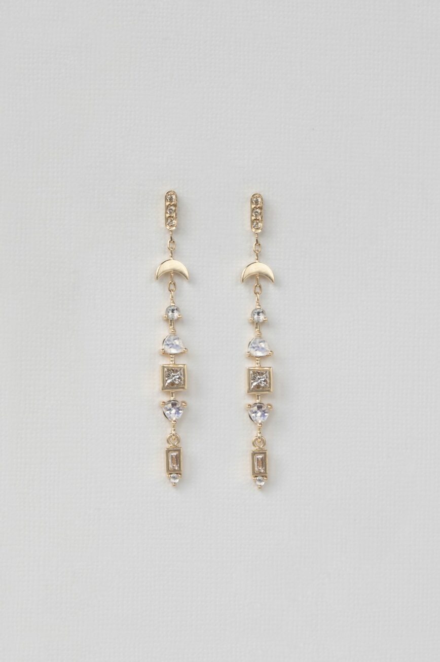 Yellow gold long drop earrings multi-shape diamond moonstone totem pair Celine Daoust