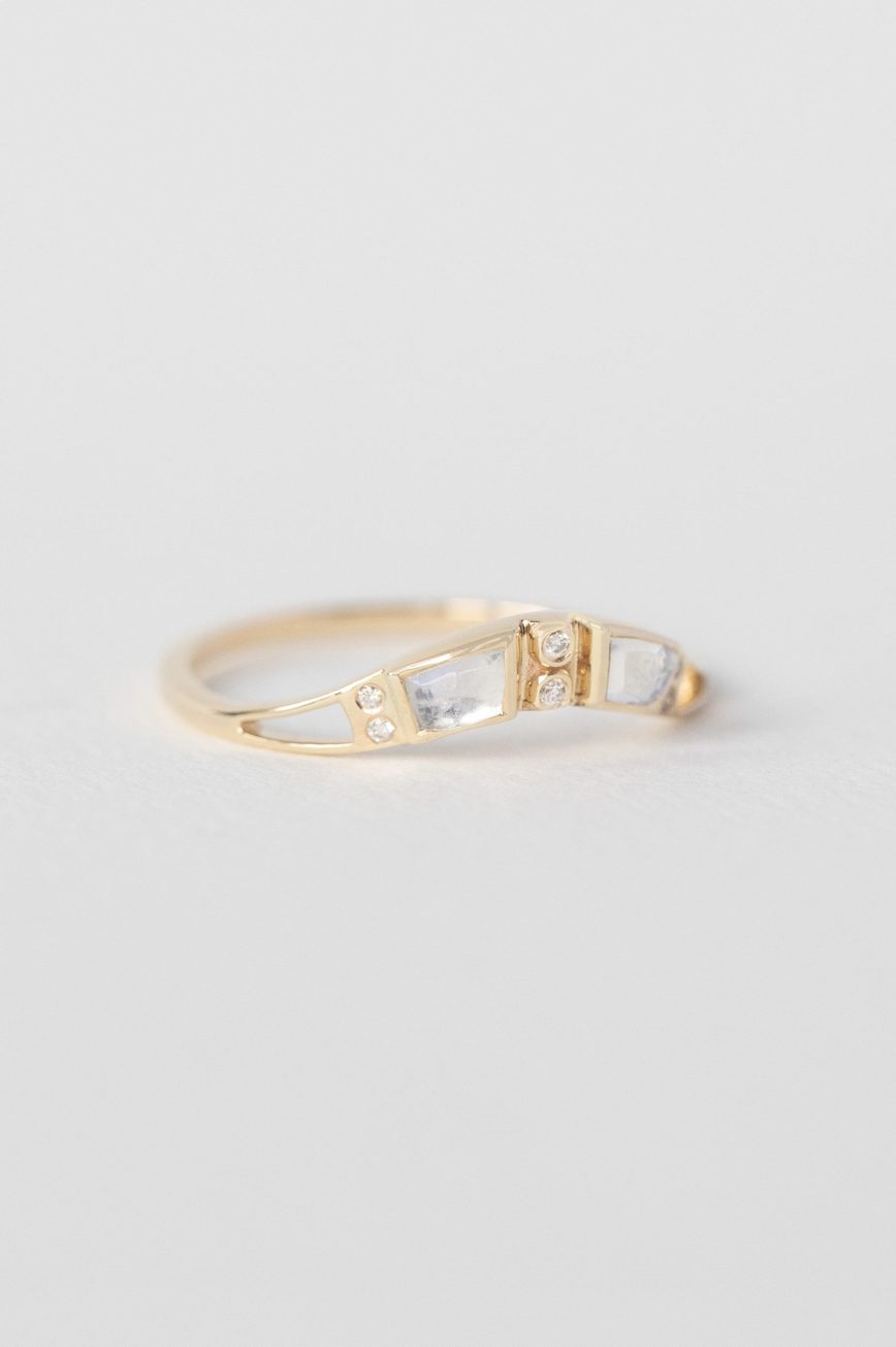 Gold curved band ring baguette moonstone diamond accents Céline Daoust