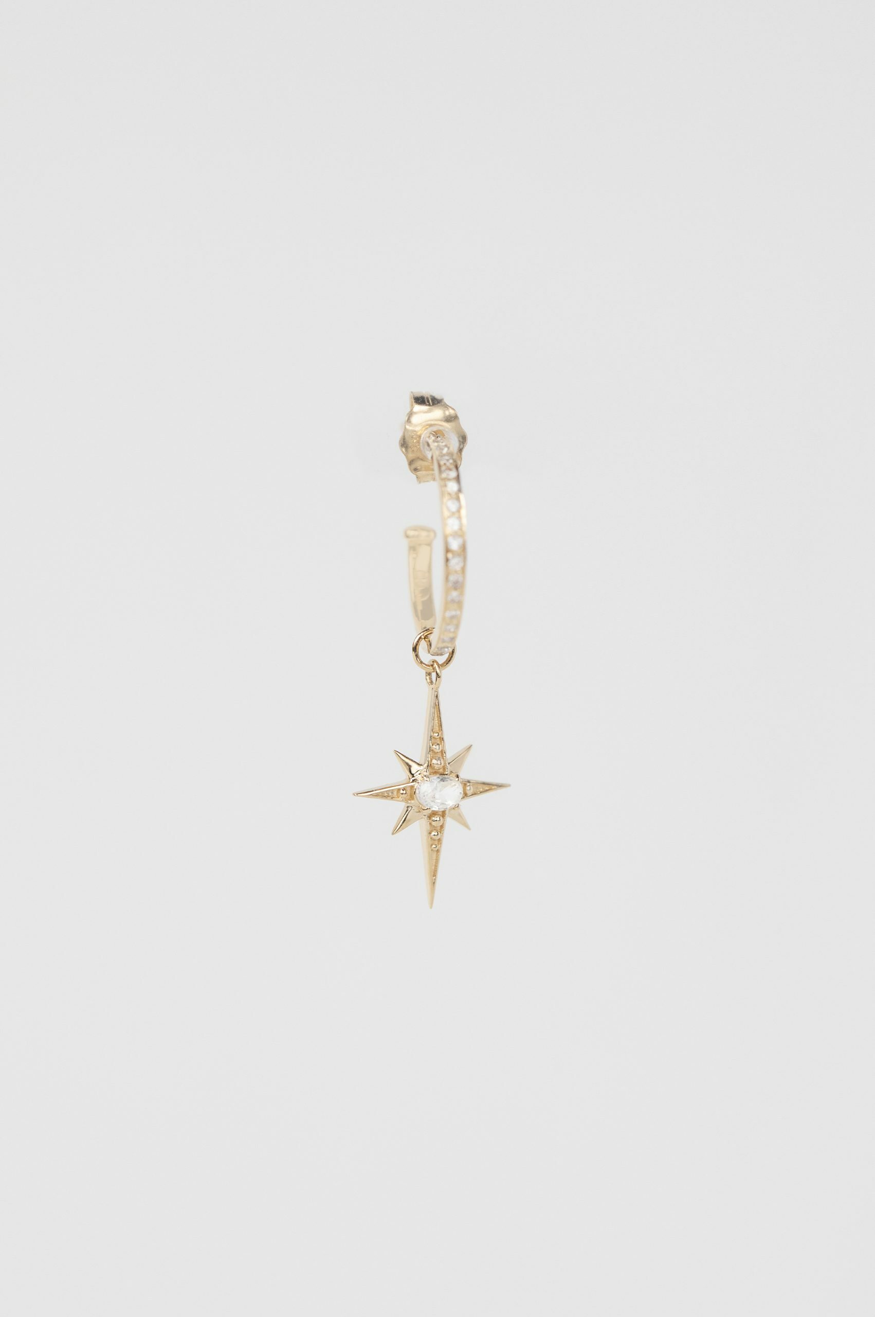 Yellow gold single hoop earring white sapphire star charm drop Celine Daoust