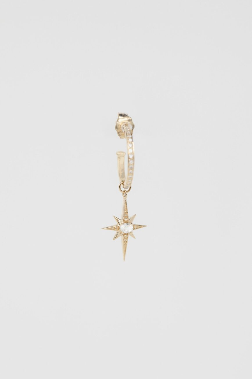 Yellow gold single hoop earring white sapphire star charm drop Celine Daoust