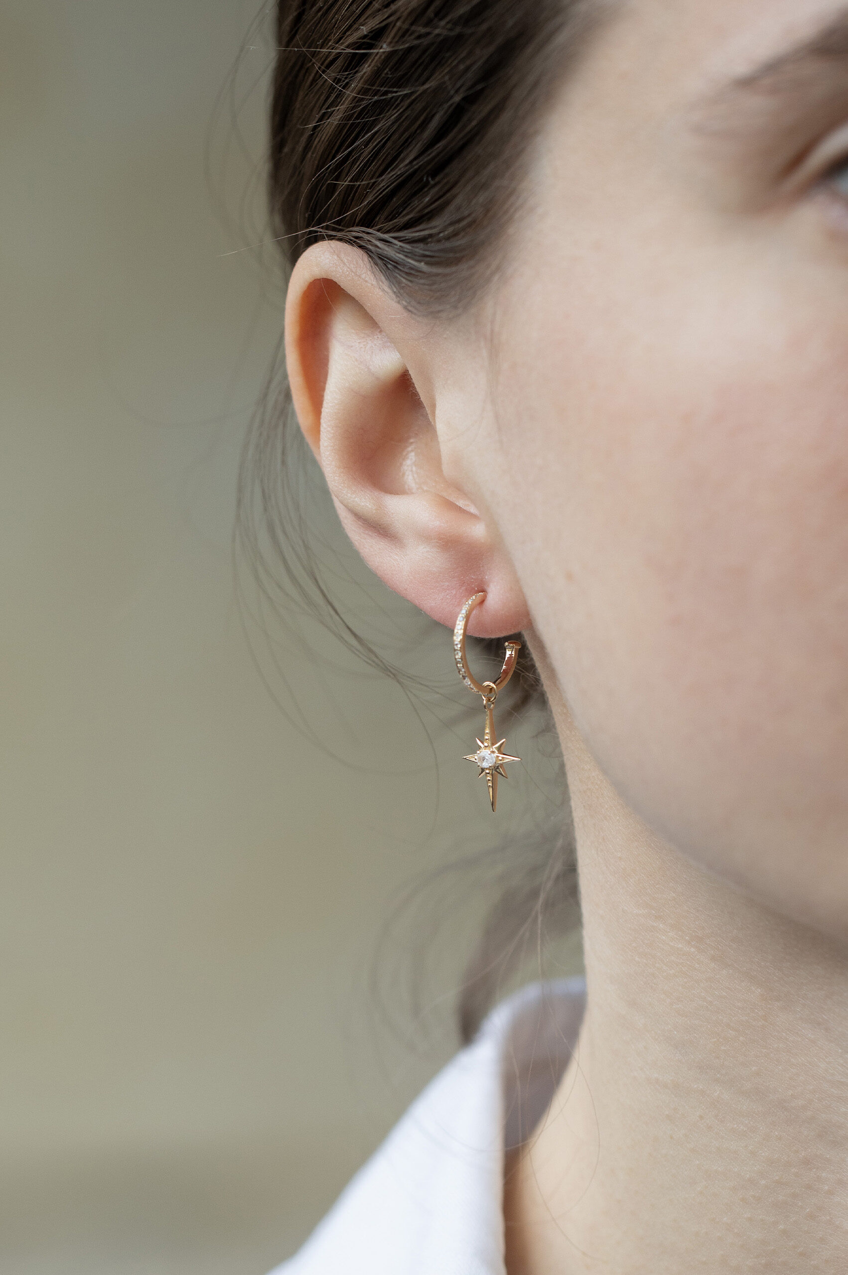 Yellow gold single hoop earring white sapphire star charm drop Celine Daoust