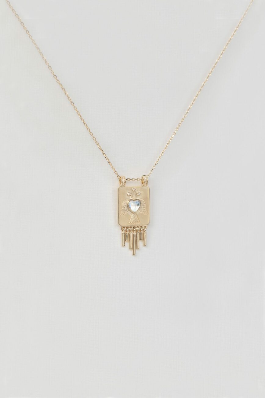 Yellow gold necklace rectangular solid plate pendant heart moonstone diamond fringe Celine Daoust