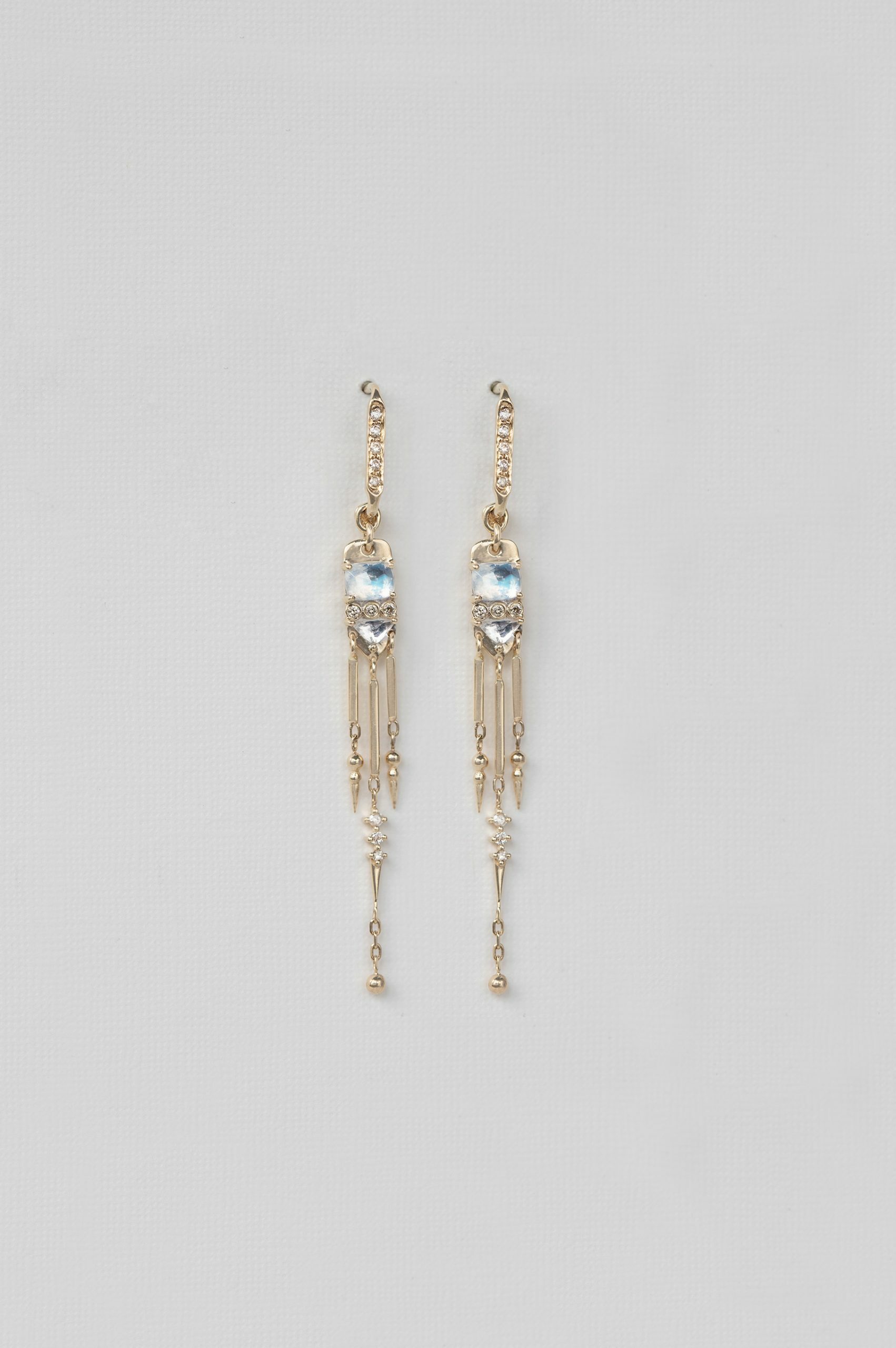 Yellow gold long drop earrings moonstone diamond chain fringe pair Celine Daoust