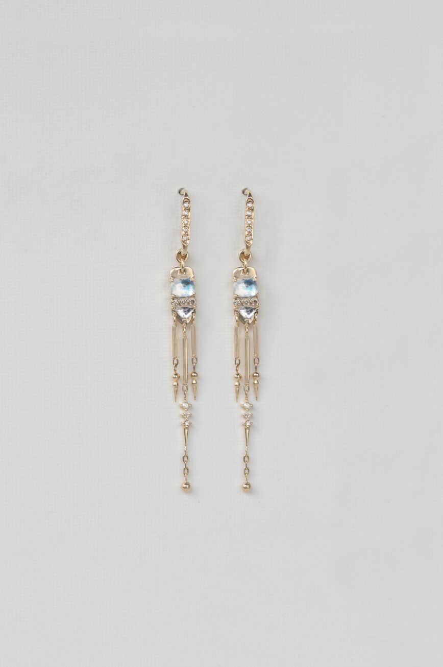 Yellow gold long drop earrings moonstone diamond chain fringe pair Celine Daoust