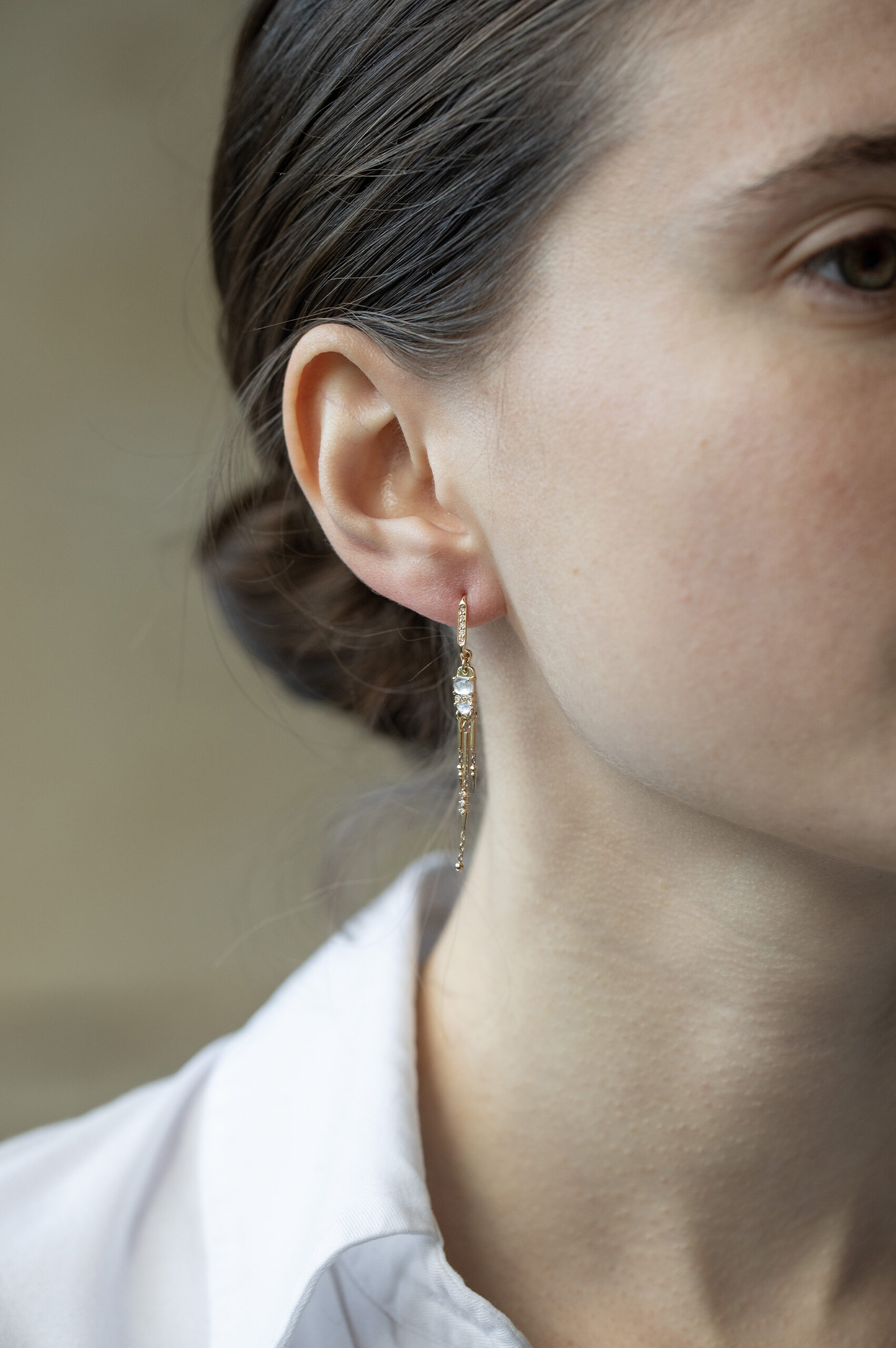 Yellow gold long drop earrings moonstone diamond chain fringe pair Celine Daoust