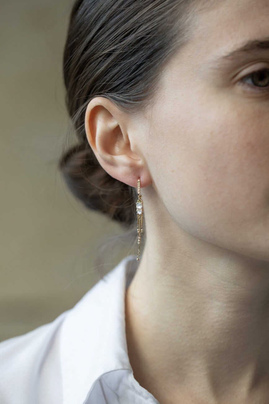 Yellow gold long drop earrings moonstone diamond chain fringe pair Celine Daoust
