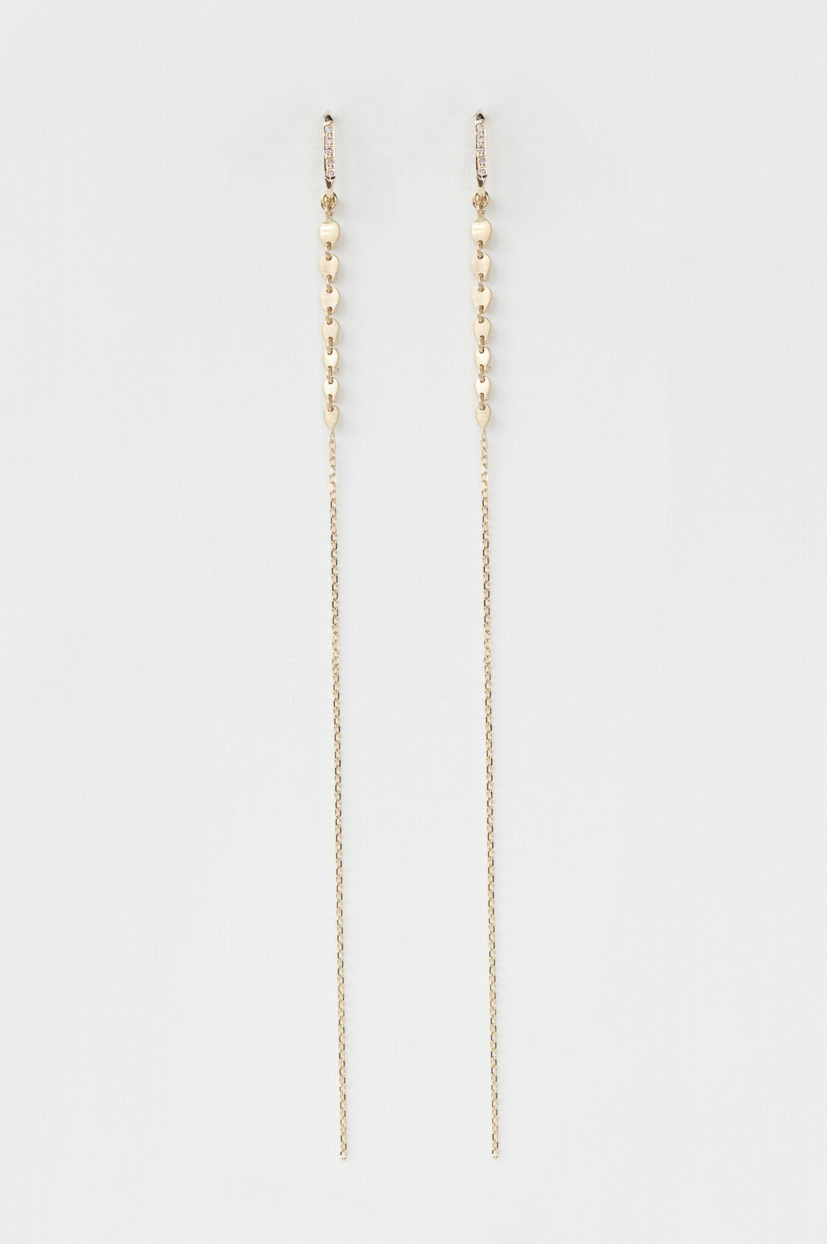 Yellow gold long chain earrings sculpted heart motif drop pair Celine Daoust