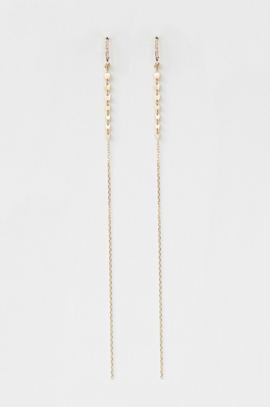Yellow gold long chain earrings sculpted heart motif drop pair Celine Daoust
