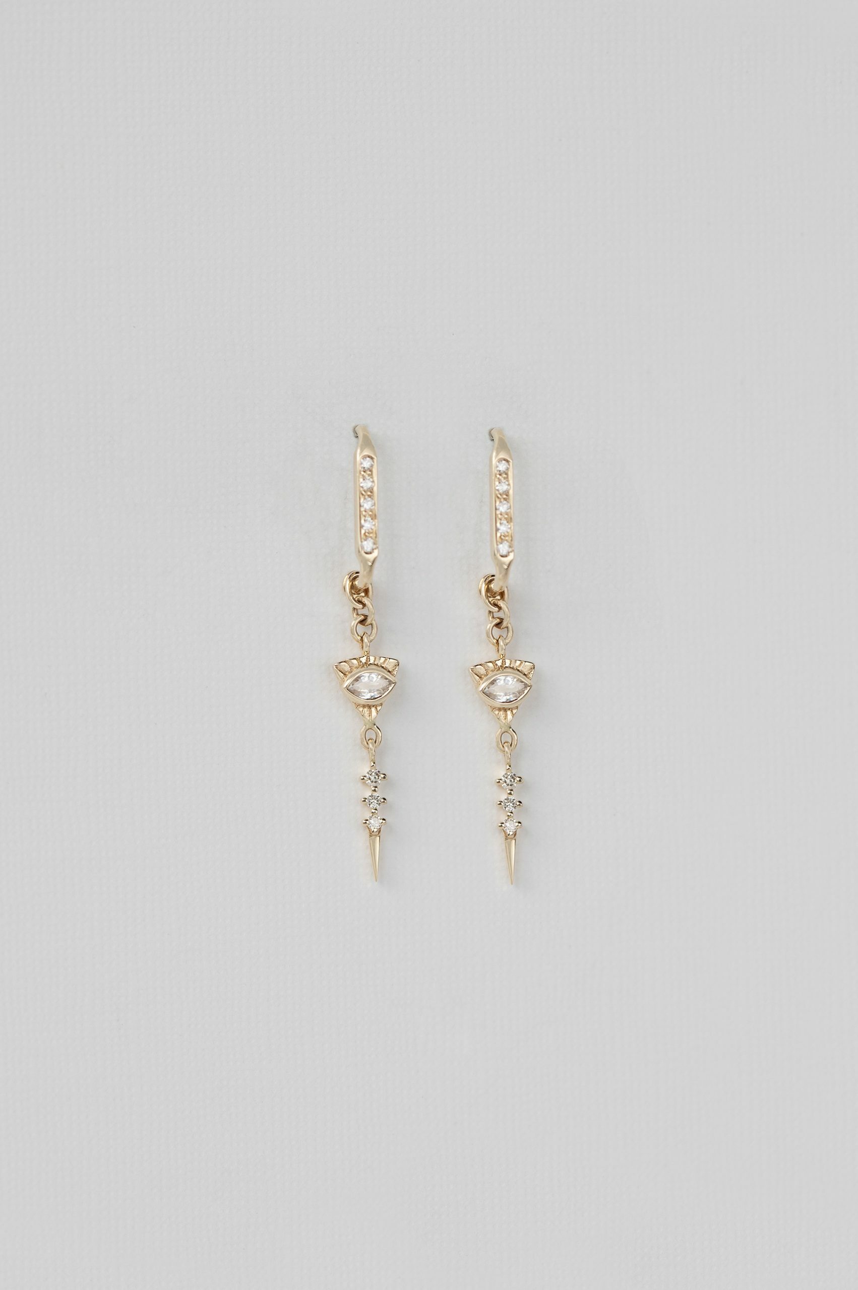 Gold hoop earrings marquise sapphire eye motif diamond spike drops Céline Daoust