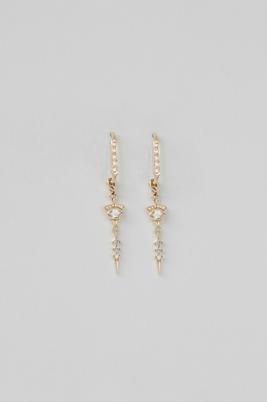 Gold hoop earrings marquise sapphire eye motif diamond spike drops Céline Daoust