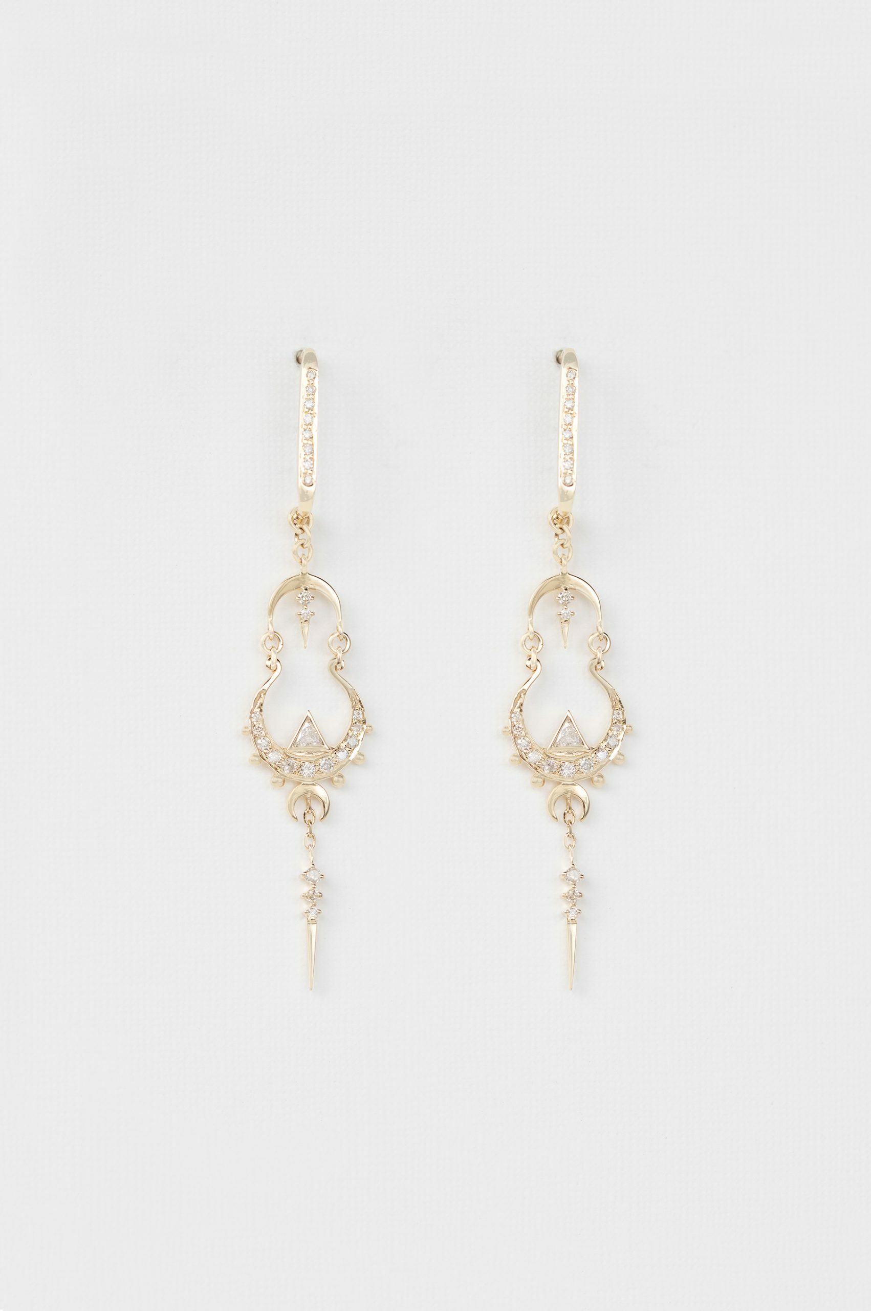 Yellow gold long drop earrings triangle diamond mandala motif spike drop pair Celine Daoust