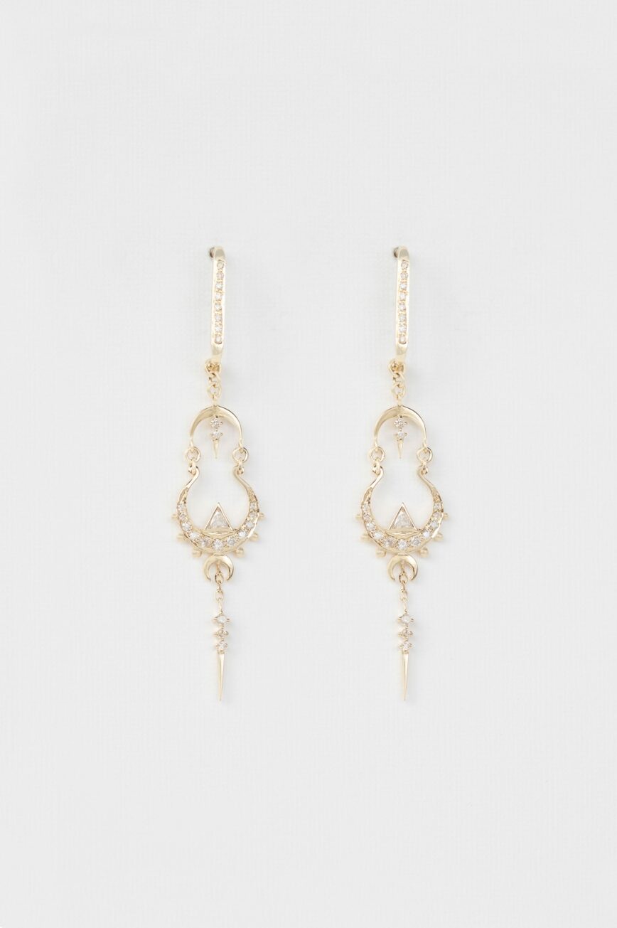 Yellow gold long drop earrings triangle diamond mandala motif spike drop pair Celine Daoust