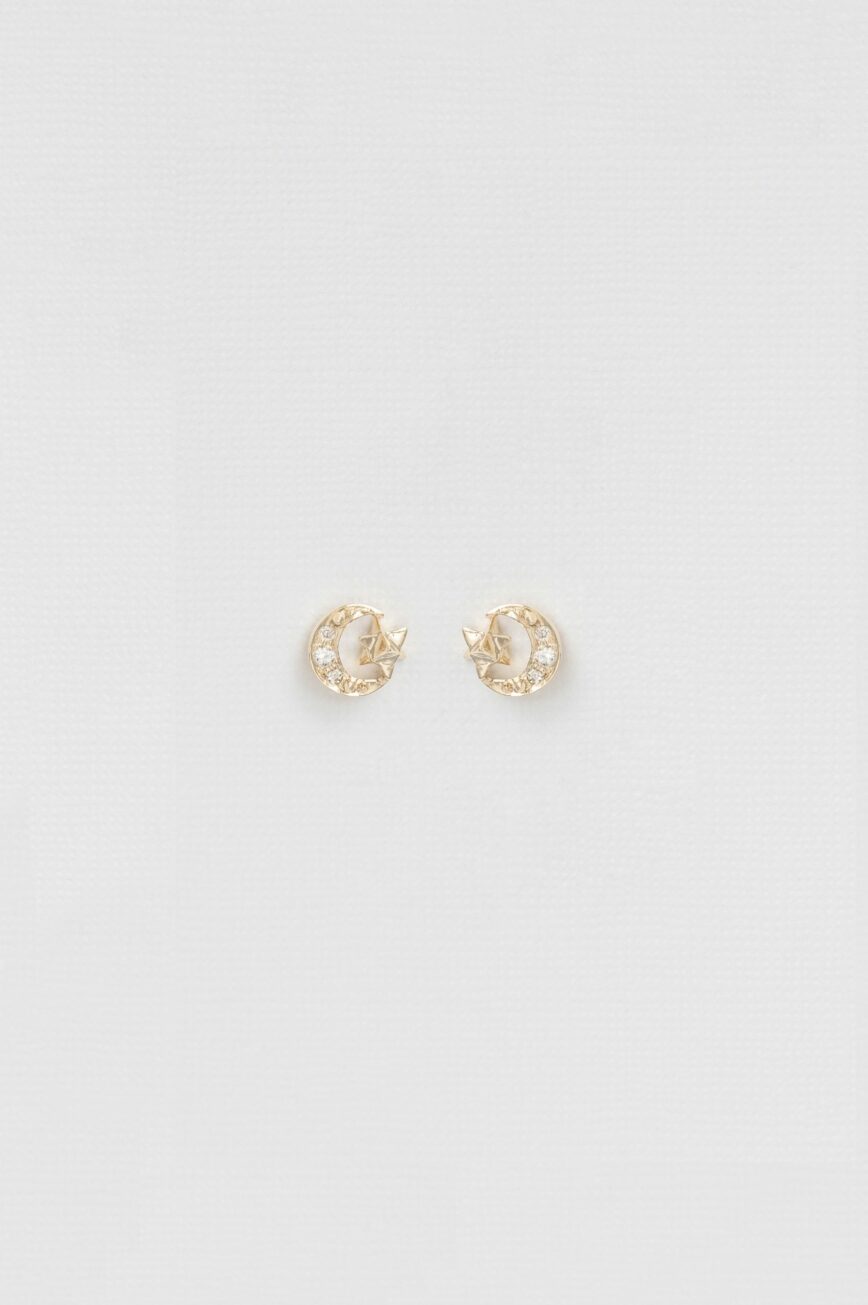 Yellow gold stud earrings moon crescent diamond merkabah motif pair Celine Daoust