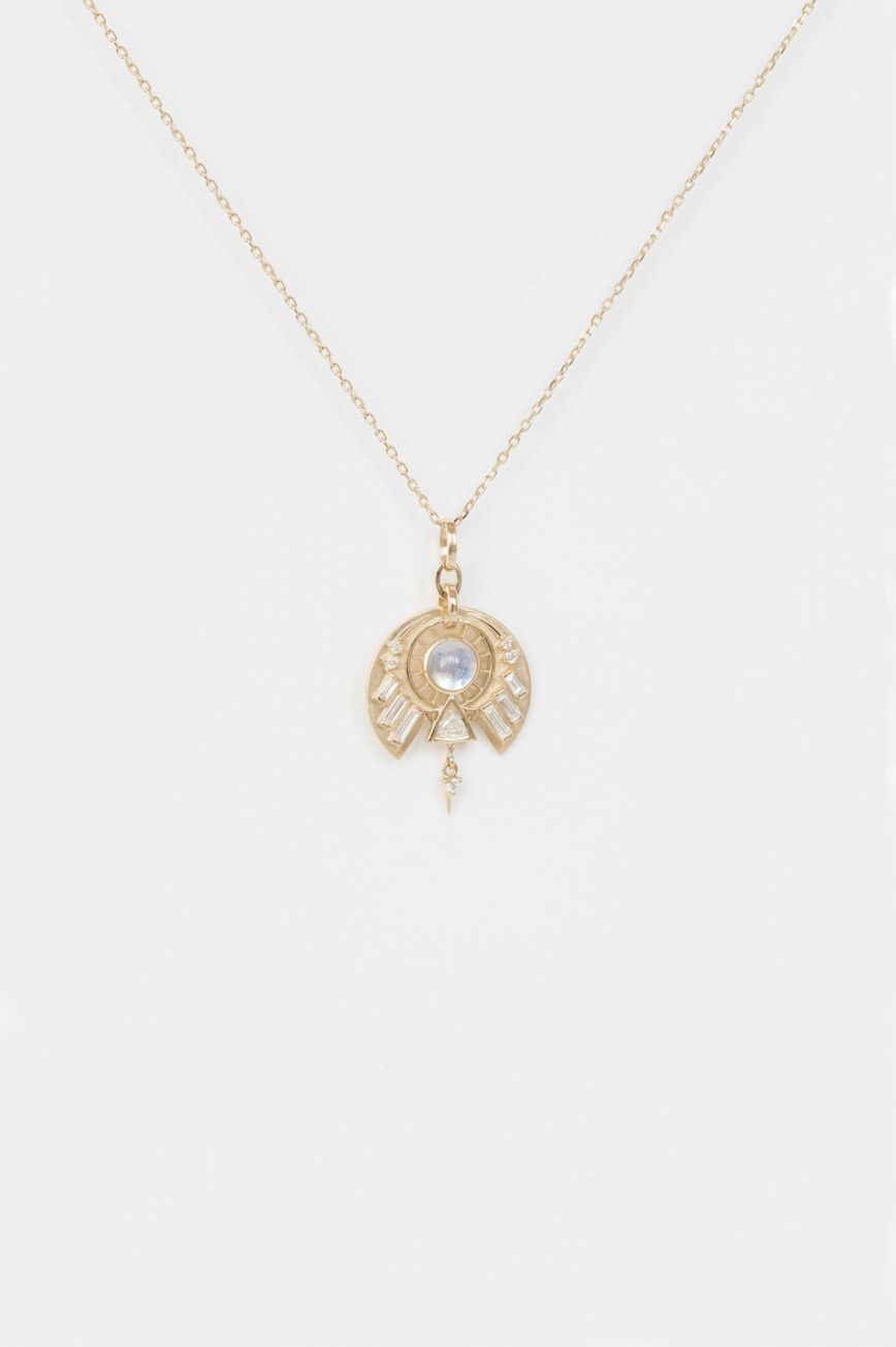 Yellow gold necklace open half-moon pendant moonstone triangle baguette diamond Celine Daoust