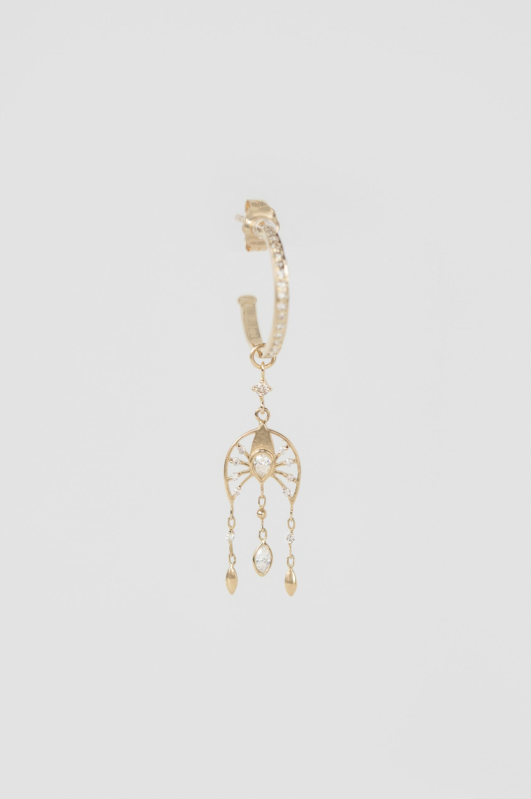 Yellow gold single open hoop earring pear marquise diamond moon dangling drops Celine Daoust