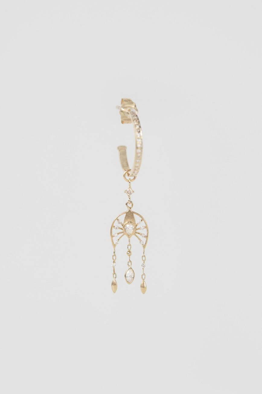 Yellow gold single open hoop earring pear marquise diamond moon dangling drops Celine Daoust