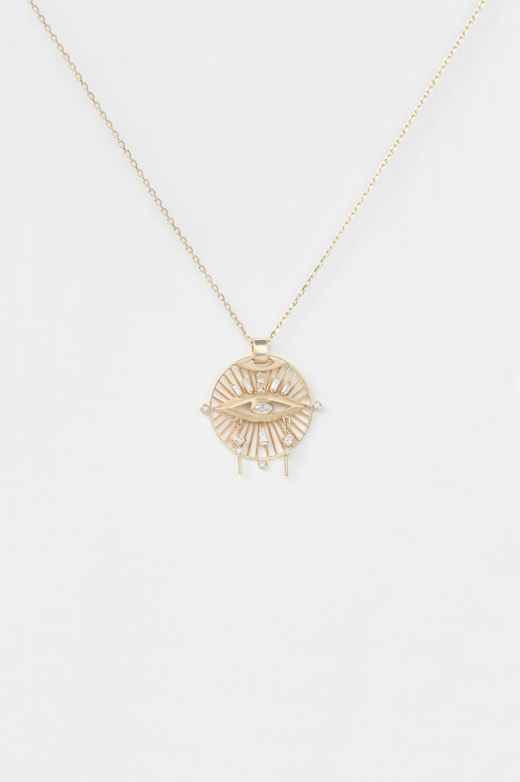 Yellow gold necklace round open sun pendant diamond third eye motif chain Celine Daoust