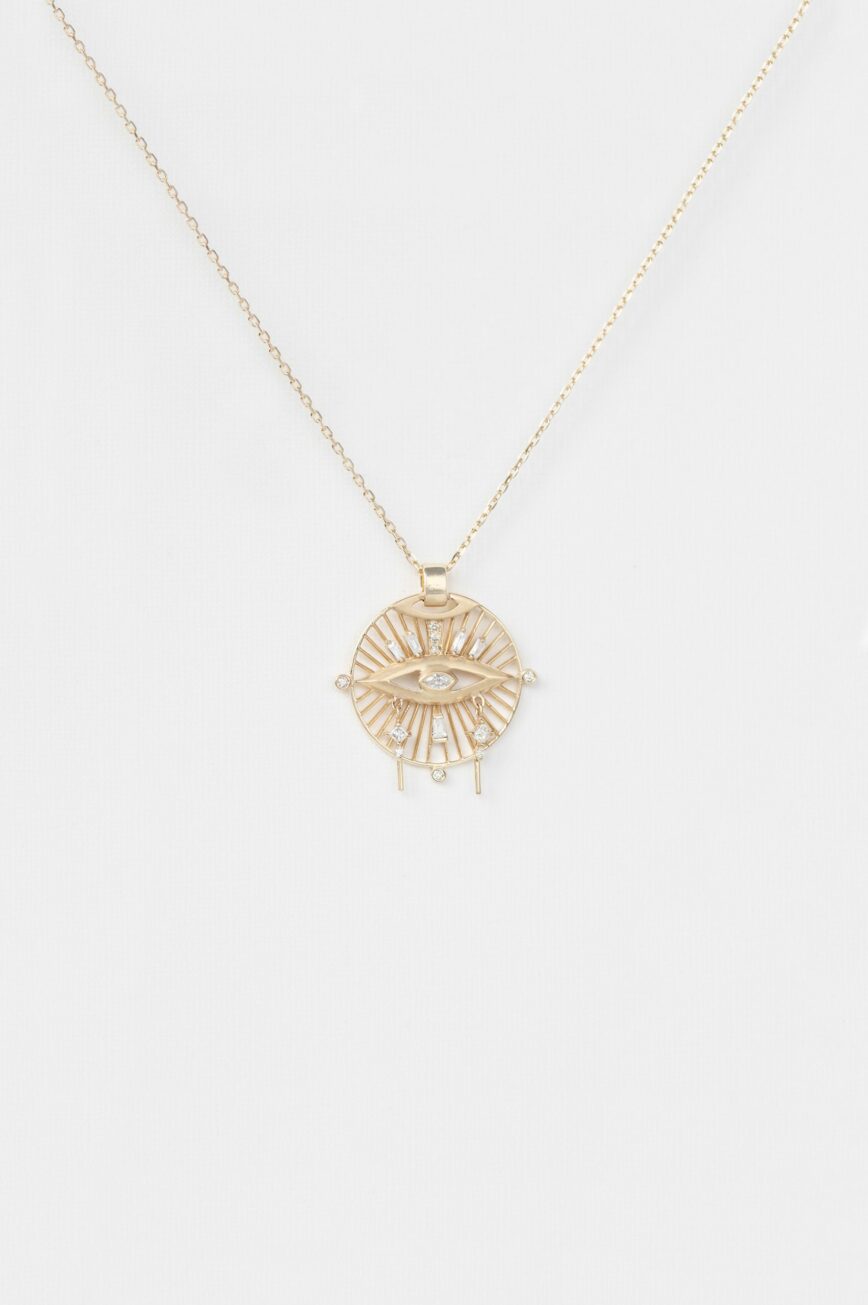Yellow gold necklace round open sun pendant diamond third eye motif chain Celine Daoust