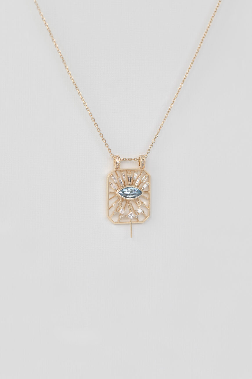 Yellow gold necklace open rectangle pendant marquise aquamarine eye motif diamond accents Celine Daoust