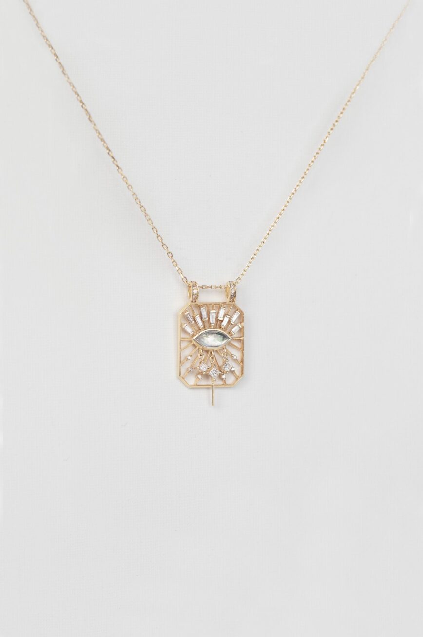 Yellow gold necklace open rectangle pendant marquise moonstone eye motif diamond accents Celine Daoust