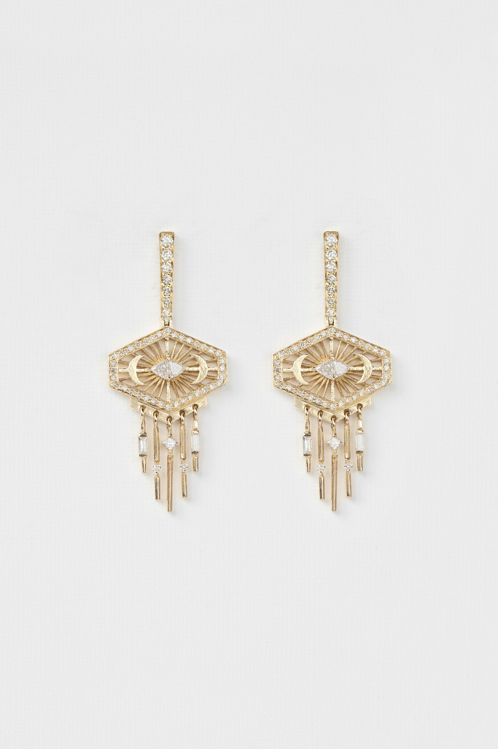 Yellow gold long drop earrings octagonal diamond frame moon crescent dangling drops pair Celine Daoust