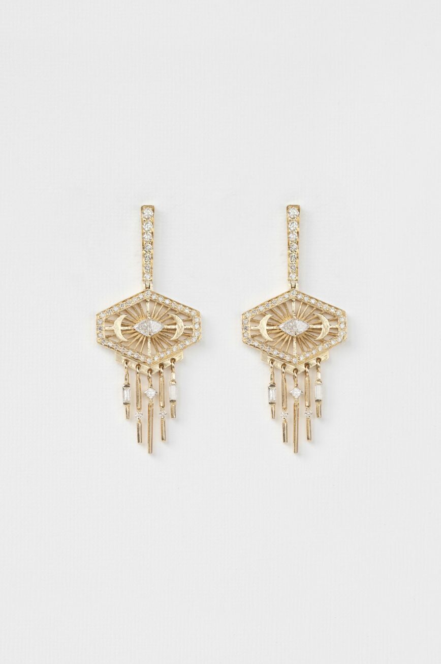 Yellow gold long drop earrings octagonal diamond frame moon crescent dangling drops pair Celine Daoust