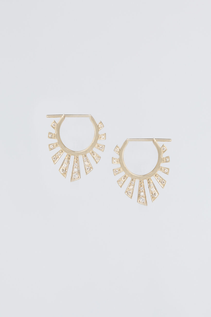 Yellow gold open hoop earrings aztec sun ray diamond pavé pair Celine Daoust