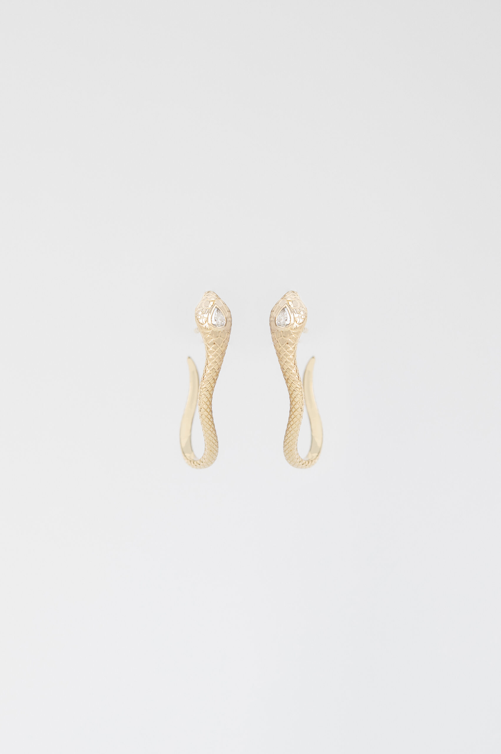 Gold drop earrings sculpted cobra motif pear diamond pair Celine Daoust