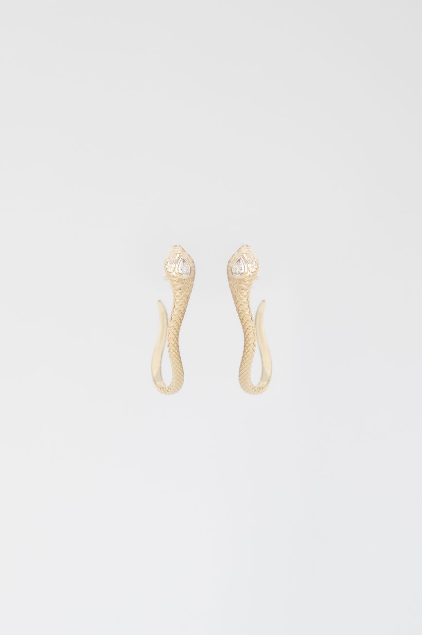 Gold drop earrings sculpted cobra motif pear diamond pair Celine Daoust