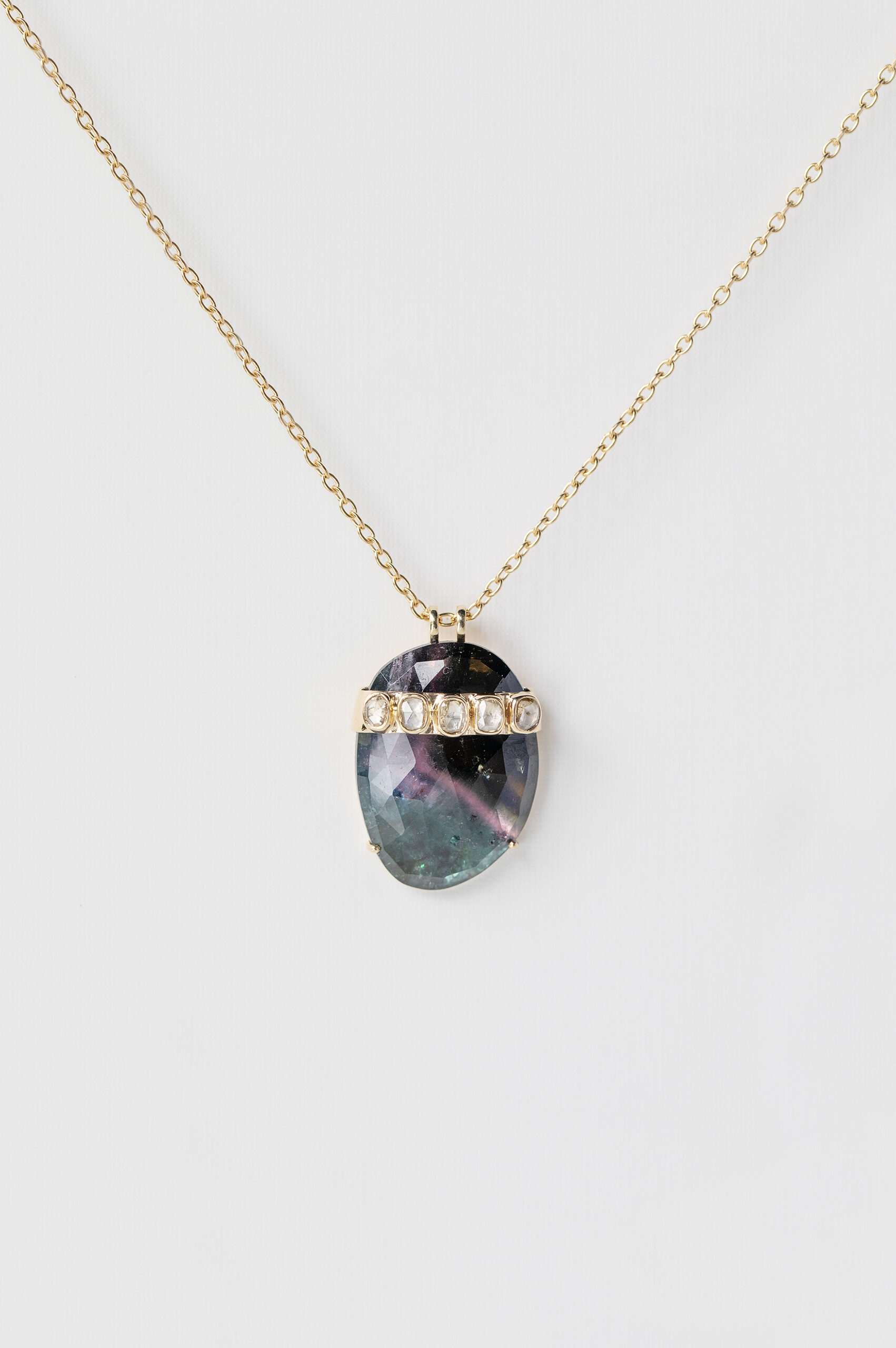 Gold necklace elongated watermelon tourmaline champagne diamond cap Céline Daoust