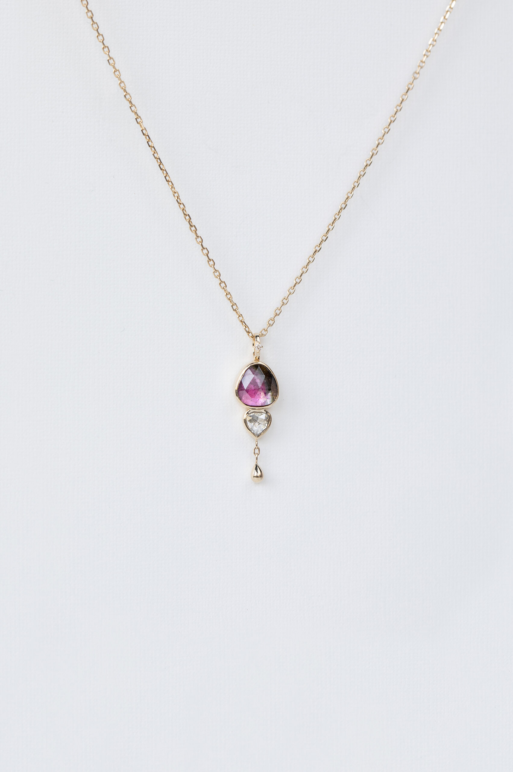 Yellow gold necklace pear pink tourmaline grey diamond dangling drop pendant Celine Daoust