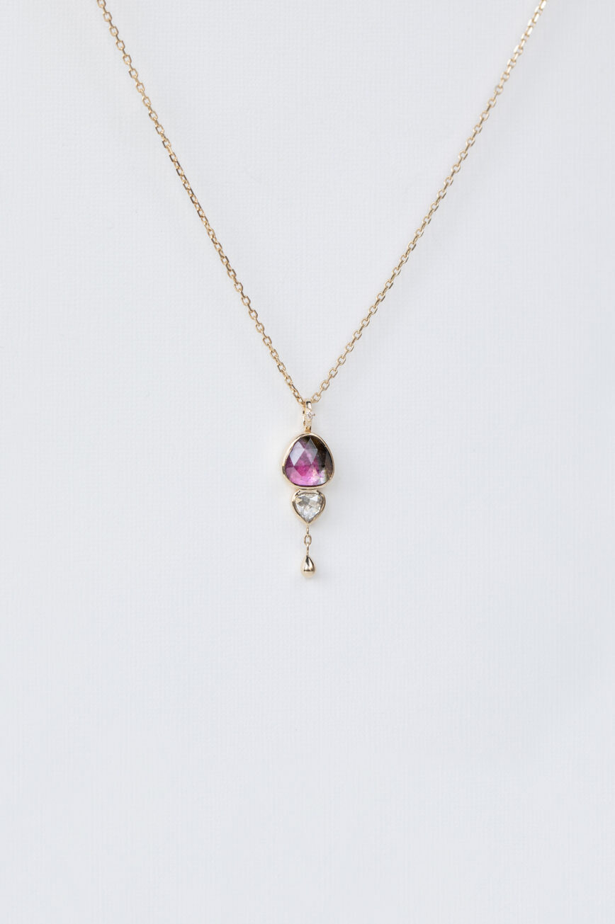 Yellow gold necklace pear pink tourmaline grey diamond dangling drop pendant Celine Daoust