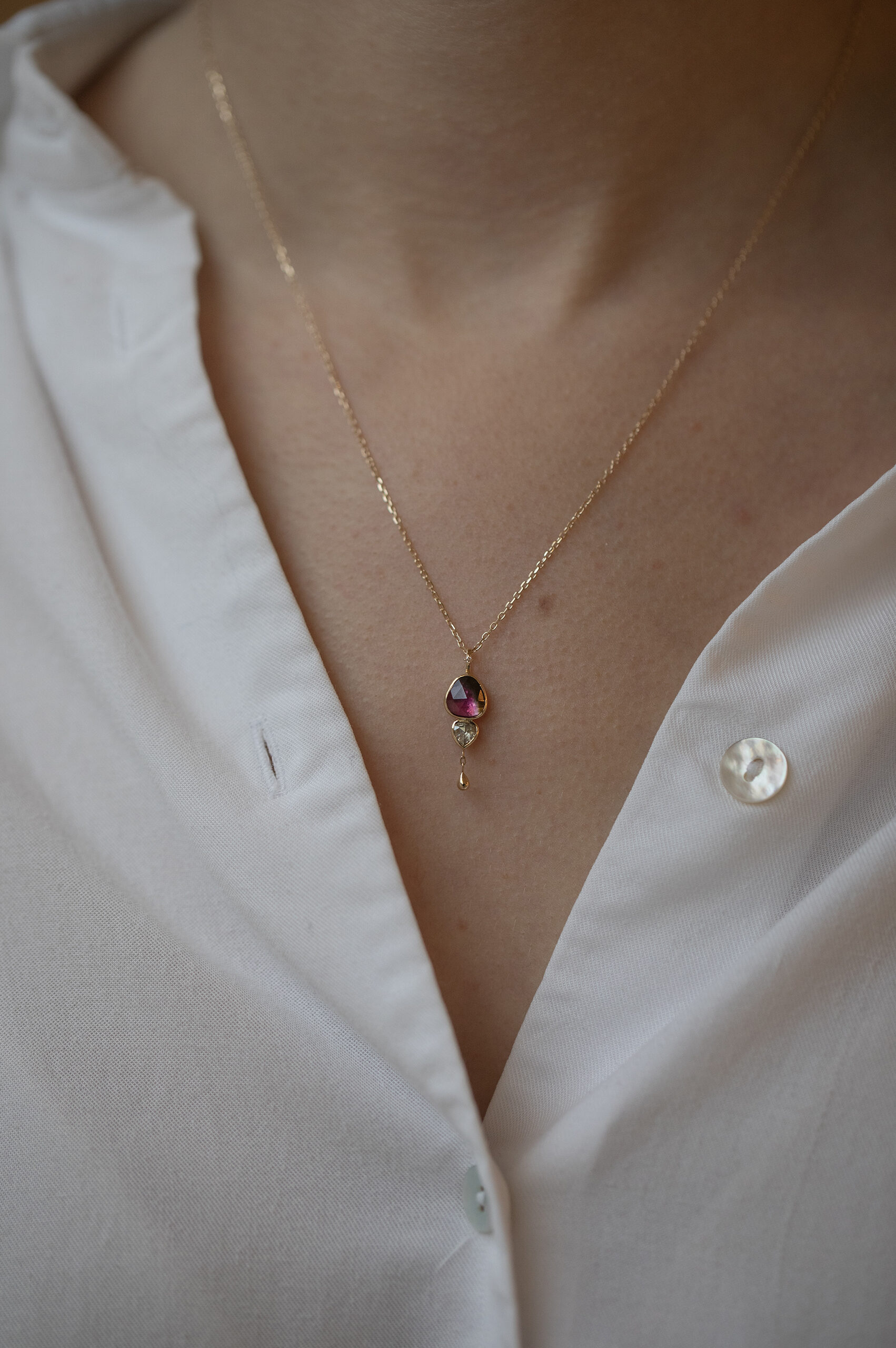 Yellow gold necklace pear pink tourmaline grey diamond dangling drop pendant Celine Daoust