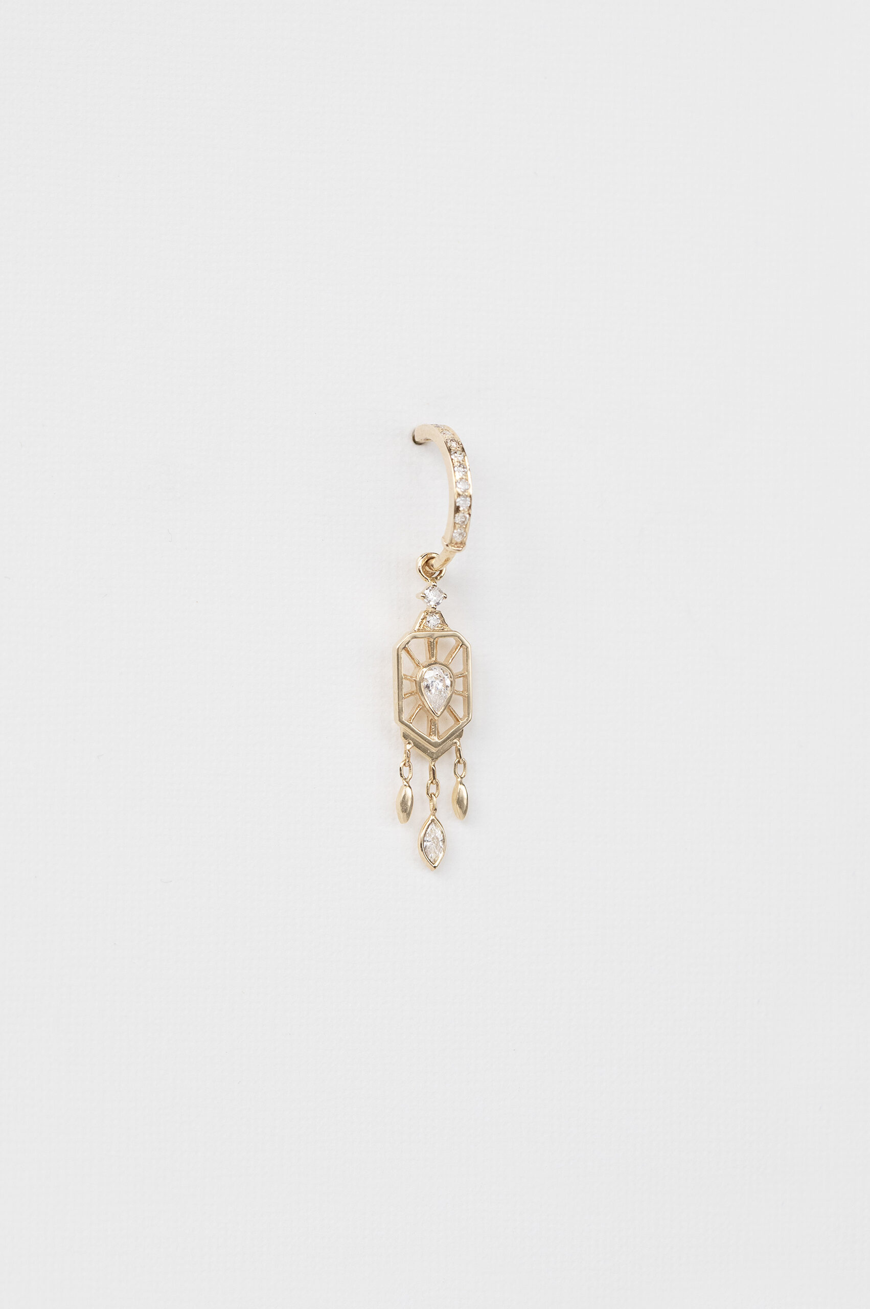 Gold single hoop earring octagonal frame pear diamond drops Céline Daoust