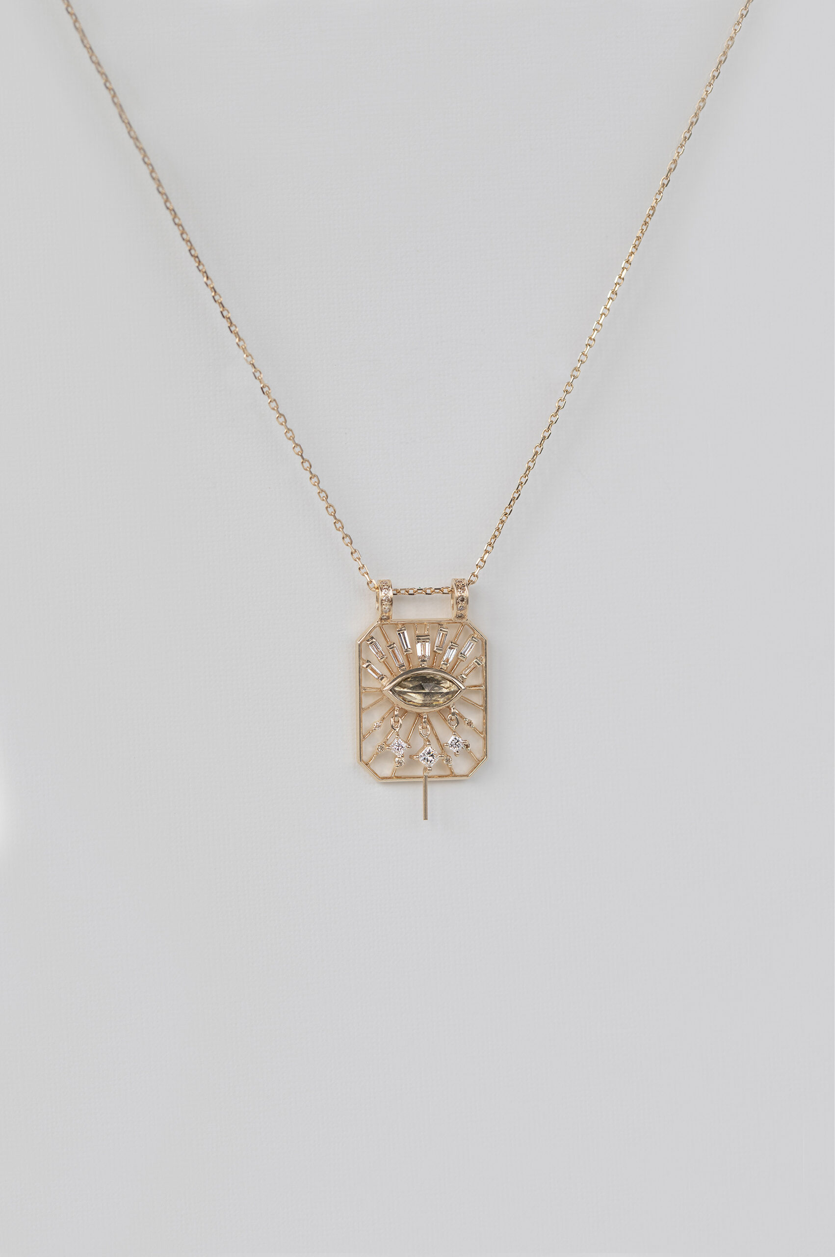 Yellow gold necklace open rectangle pendant marquise sepia tourmaline eye diamond motif Celine Daoust