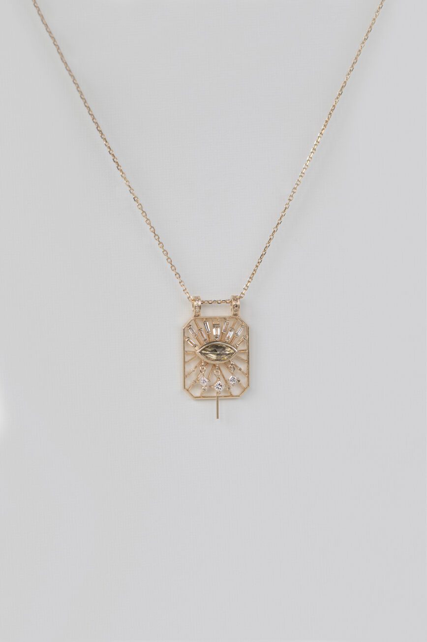 Yellow gold necklace open rectangle pendant marquise sepia tourmaline eye diamond motif Celine Daoust