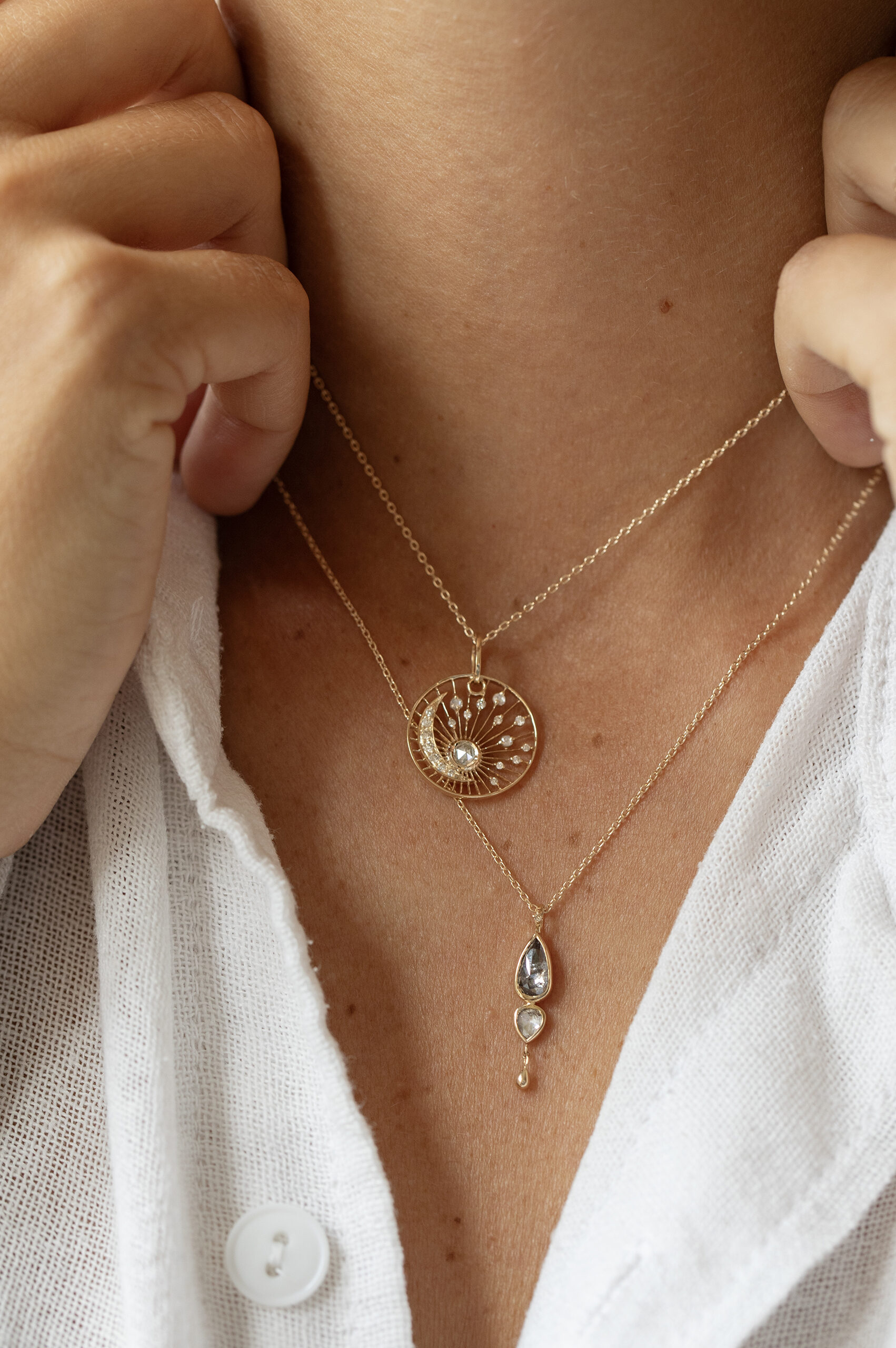 Gold necklace round open sun pendant rosecut champagne diamond moon motif Celine Daoust