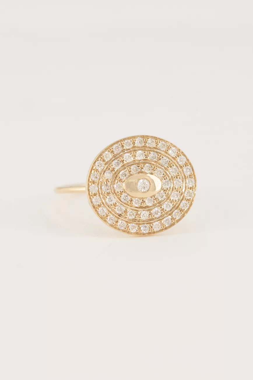 Yellow gold wide ring circular pavé diamond disc eye motif Celine Daoust